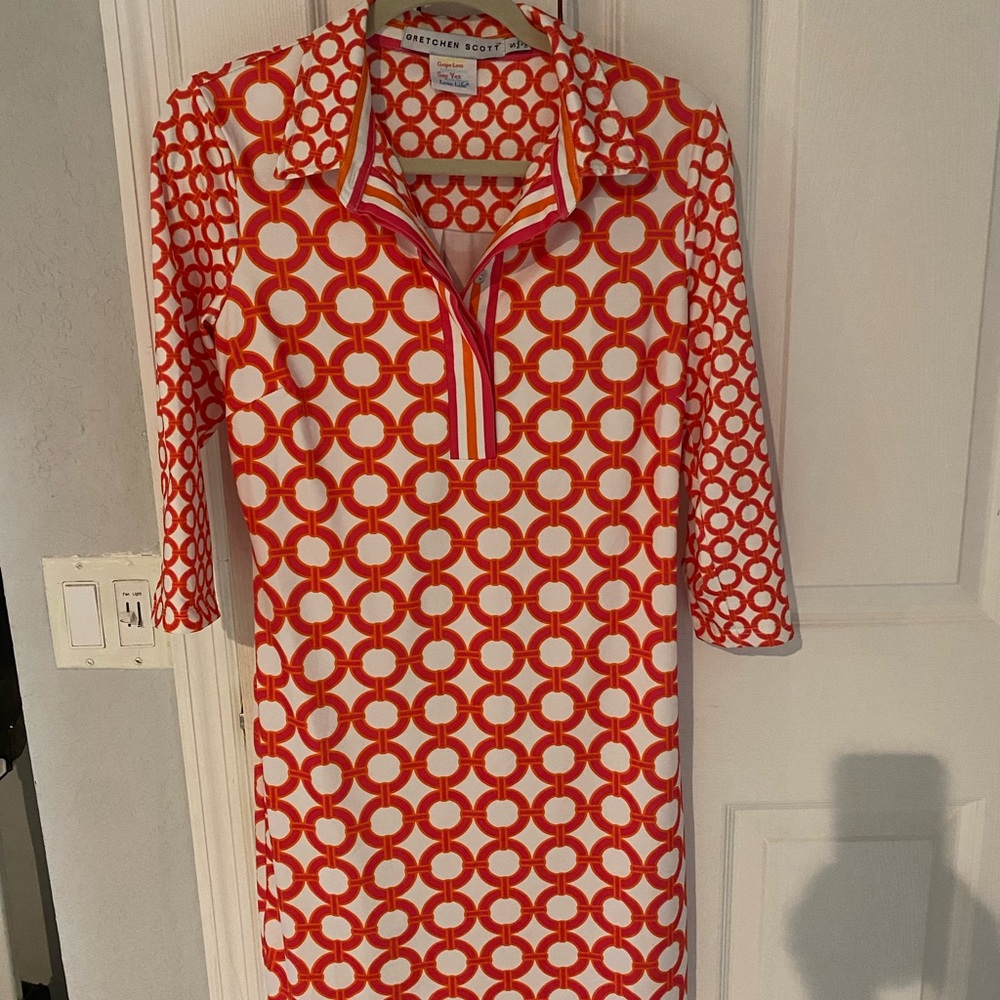 Gretchen Scott white and Orange Patterned Blouse